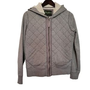Eddie Bauer men's gray sherpa lined quilted full zip hooded jacket sizeM